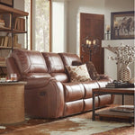 ZUN Achern Brown Leather-Air Nailhead Manual Reclining Sofa with Storage Console and USB Port T2574P198806