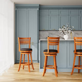 30" Bar Height Slat Back Swivel Stool, Natural Finish, Charcoal Fabric Seat B04660695