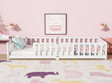 Twin Size Floor Bed with Fence without Door, Rubber Wood Floor Bed with Safety Guardrails,White W504P429335