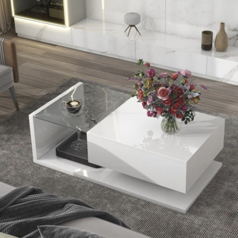 ZUN ON-TREND Modern Coffee Table with Tempered Glass, Wooden Cocktail Table with WF303936AAK