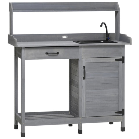 ZUN Gray Outdoor Potting Bench with Sink and Faucet ,Hooks,Storage Cabinet 09082048