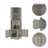 Syrah Corner Bar Cabinet, Eight Bottle Cubbies, Double Door, Two Open Shelves Light Gray B200P242413