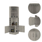 ZUN Syrah Corner Bar Cabinet, Eight Bottle Cubbies, Double Door, Two Open Shelves Light Gray B200P242413