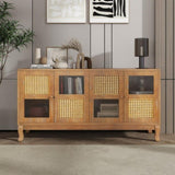 Retro 4-Door Sideboard with Large Storage Space Artificial Rattan Doors and Transparent Glass, W2696P256248