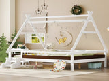 Full House Platform Bed with Stairs, Solid Wood Twin Bed Frame, Low Profile and Childlike Fun W1580P354720