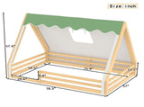 Full Size House Floor Bed with Tent and Light, Solid Wood Teepee Floor Bed with Full-length W1580P369468
