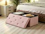 30" Foldable Storage Ottoman Bench Linen Footrest Stool with Foam Padded Seat, Pink 20441318