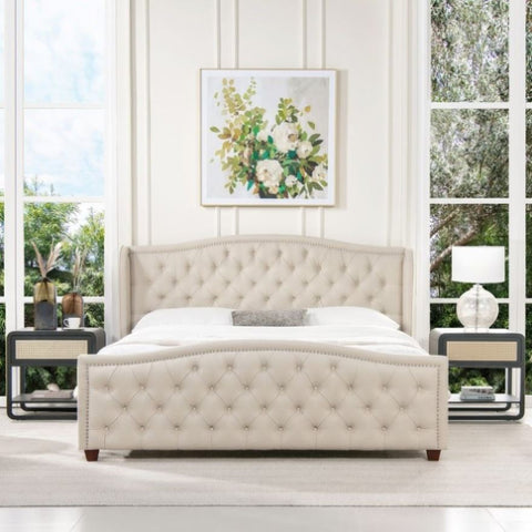 ZUN Fontana Wingback Upholstered Platform Bed Frame, King, Sky Neutral Beige Polyester B2719P238226