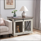 Farmhouse Dog Cage Crate Furniture Sliding Barn Door, Farmhouse Wooden Dog Kennel End Table W2275P164726