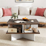 2-Tier Living Room Coffee Table - Square Design with 4 Storage Compartments 48928251