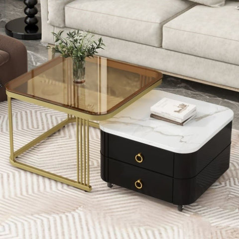 ZUN ON-TREND 2-in-1 Square Nesting Coffee Table with Wheels & Drawers, Stackable Side Table with High WF324359AAB