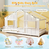 Twin-Size Kids House White Floor Bed- 82"x42"x51" Size, LED Light Strip for Cozy 73789275