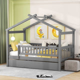 Twin Size Wooden House Bed with Twin Size Trundle, Gray 14298090