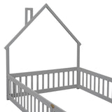 Full House-Shaped Headboard Floor Bed with Fence ,Grey W504119480