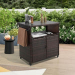 ZUN Outdoor Wicker Bar Cart, Patio Wine Serving Cart w/Wheels , Rolling Rattan Beverage Bar Counter W640P175461