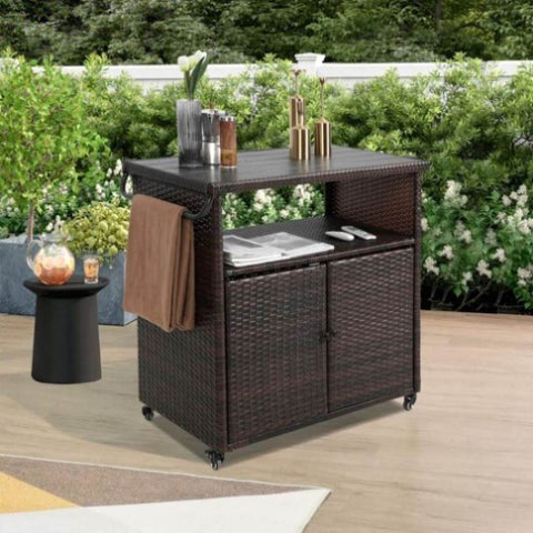 ZUN Outdoor Wicker Bar Cart, Patio Wine Serving Cart w/Wheels , Rolling Rattan Beverage Bar Counter W640P175461