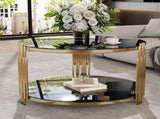 Modern Black Mirror Coffee Table, Asymmetrical Metal, Circular Metal Drum Base, Gold Finish & Lower N735P177478B