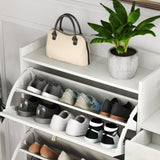 ZUN Natural Bohemia Style Shoe Cabinet, Shoe Rack Cabinet with 3 Rattan Flip Drawers,3 Square Shelves W2557P175977