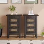 ZUN Wooden Nightstands Set of 2 with Rattan-Woven Surfaces and Three Drawers, Exquisite Elegance with 22945447