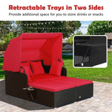 Red Rattan Daybed Lounge W/ Retractable Top Canopy Side Tables Cushions 56967008
