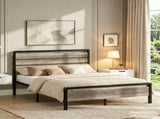 Queen Size Metal Wood Platform Bed Frame, 3-Panel Wash Grey Wood Grain Headboard with LED Light & 15630263