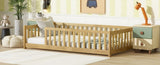 Twin Size Floor Bed with Fence without Door, Rubber Wood Floor Bed with Safety Guardrails,Natural W504P296796