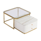 ZUN Modern 2 Pieces White Square Nesting Coffee Table with Drawers & Electroplated gold legs in 27.6'' WF325925AAK