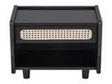 Black Nightstand with Rattan Detail, MDF Solid Wood, Modern Bedroom Storage, Open Shelf & Drawer, N770P374577B
