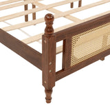 King Pine wooden Bed with Rattan Headboard and Footboard, with Central Enhanced Bed Platform,Walnut W504P269835