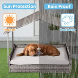 ZUN Wicker Dog House, Elevated Rattan Dog Bed with Canopy and Washable Cushion Cover, Indoor Outdoor 91931559