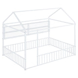 Full Size Metal Bed House Bed Frame with Fence and Shelves, White N737P175361K