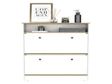 Shoe Rack 46" H, One Open Storage Shelf, Two Internal Storage Drawers, Two Doors, Light Oak / White B097133215