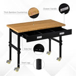 ZUN 47" Garage Work Bench with Drawer and Wheels, Height Adjustable Legs, Bamboo Tabletop Workstation 55699608