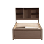 ZUN Modern Twin Size Bed Frame With Built-in USB Port on Bookcase Headboard and 2 Drawers for Walnut 68014174