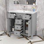 ZUN 36" Bathroom Vanity with Ceramic Basin, Two Cabinets and Five Drawers, Solid Wood Frame, Grey 60067472