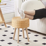 ZUN Round Ottoman Footstool Natural Seagrass Foot Stool Pouf Ottomans with Solid Wood Legs Hand Weave 67619336