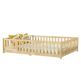 Full Size Floor Bed with Fence and Door,Rubber Wood Floor Bed with Safety Guardrails,Natural W504P296787