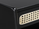 Black Nightstand with Rattan Detail, MDF Solid Wood, Modern Bedroom Storage, Open Shelf & Drawer, N770P374577B