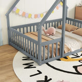 Full Wood House-Shaped Floor Bed with Fence, Guardrails,Grey W504P143293