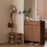 (Walnut Color) Natural Solid Wood Shoe Stool With Cloth Hanger, Mid-Century Modern Storage Bench W1283P298169