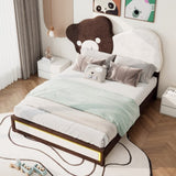 ZUN Full Size Upholstered Platform Bed with Bear Shaped Headboard, LED Light Strips, White + Brown 19640686