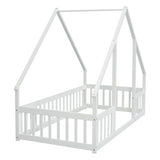 Twin Wood House-Shaped Floor Bed with Fence, Guardrails ,White W504P143290