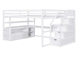 Full Size Loft Bed with Desk and Shelves, Two Built-in Drawers, Storage Staircase, White 48024197