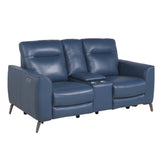 High-Leg Console Loveseat - Top-Grain Leather, Dual-Power, Ocean Blue Color - Stowaway Footrest, B081109567