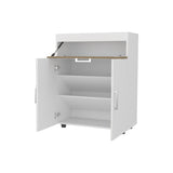 FM FURNITURE North Fork Shoe Rack, Pneumatic Lift-Up Compartment, Dual Doors, White and Natural Oak B128P301388