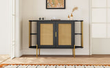 TREXM 2-Door Elegant Curved Dining Cabinet with Gold Trim and Woven Rattan Doors for Dining Room N715P172740B