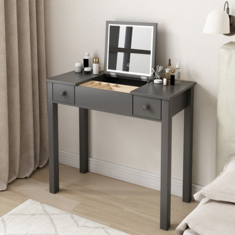 ZUN Sleek Grey Vanity Table with LED Lights, Flip-Top Mirror and 2 Drawers, Jewelry Storage for Women W760P152317