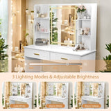 Vanity Desk with Mirror and Lights, Makeup Vanity with 2 Drawers and 6 Storage Shelves, 3 Lighting W3204P300597