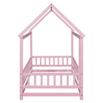 ZUN Twin Size Floor Wooden Bed with House Roof Frame, Fence Guardrails,Pink W504P174635