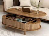 Fluted Lift Top Coffee Table with Hidden Compartment, Wooden Center Table, Modern Oval Lift Tabletop W2641P449066